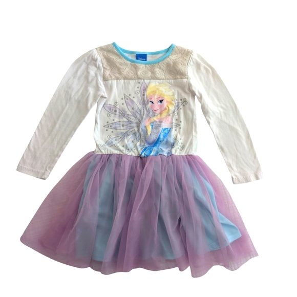Disney Other - Disney Girls  Elsa Long Sleeve Dress with Purple Tulle Skirt Cotton Size 5